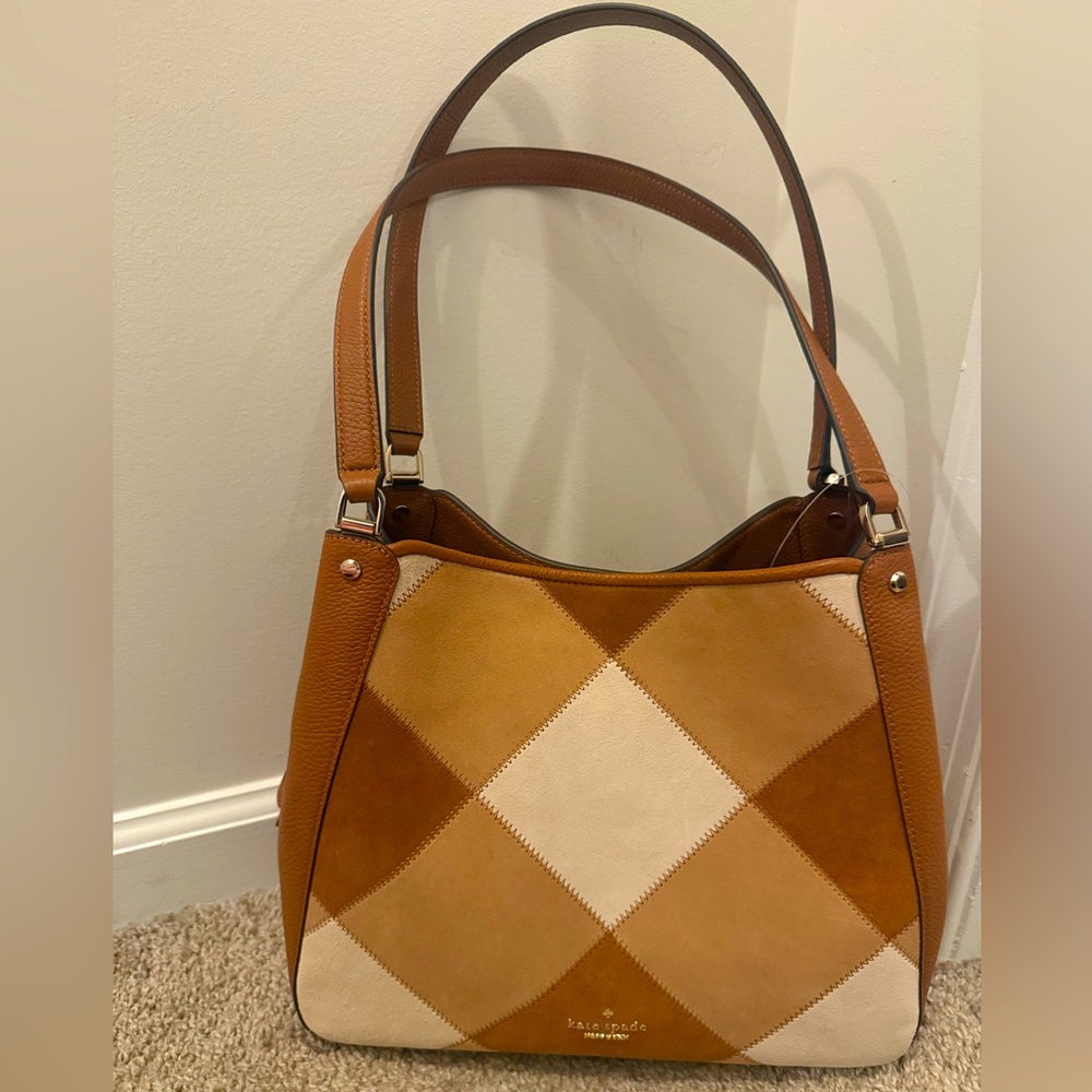 Kate Spade Leila Patchwork Suede Brown Gingerbread Classic Medium Shoulder Bag